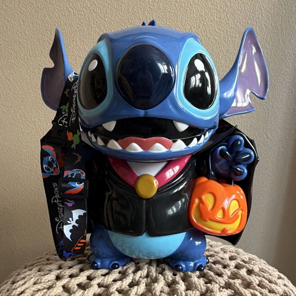 Disney Parks Vampire Stitch Halloween Popcorn Bucket 2024 Dracula Lanyard